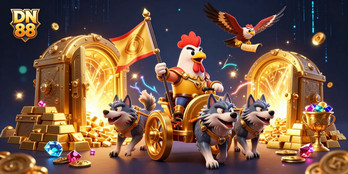 Experience excitement at DN 88 with a vibrant 3D illustration of a rooster warlord and golden treasures.