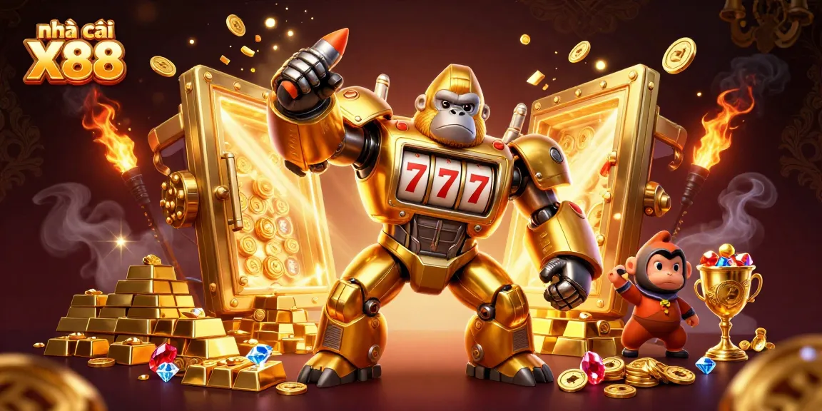 Engage with thrilling plays at nhà cái X88 featuring a golden gorilla mech with slot machine elements.