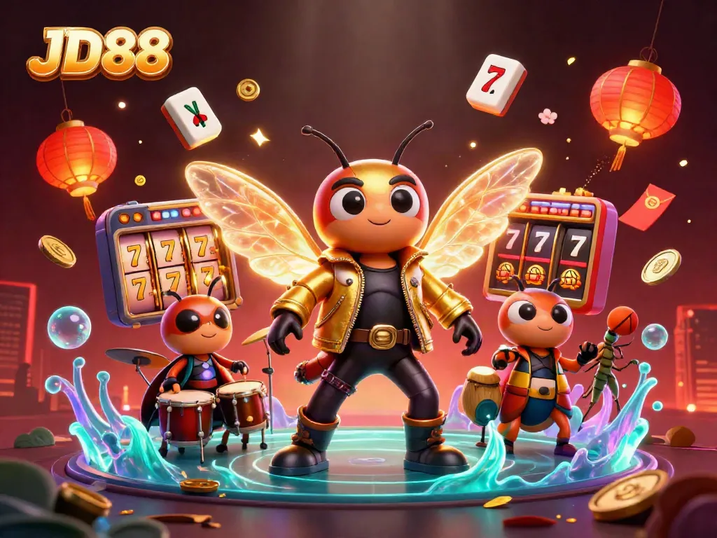 Experience the exciting world of JD88 with vibrant casino elements and a dynamic rock star scene.