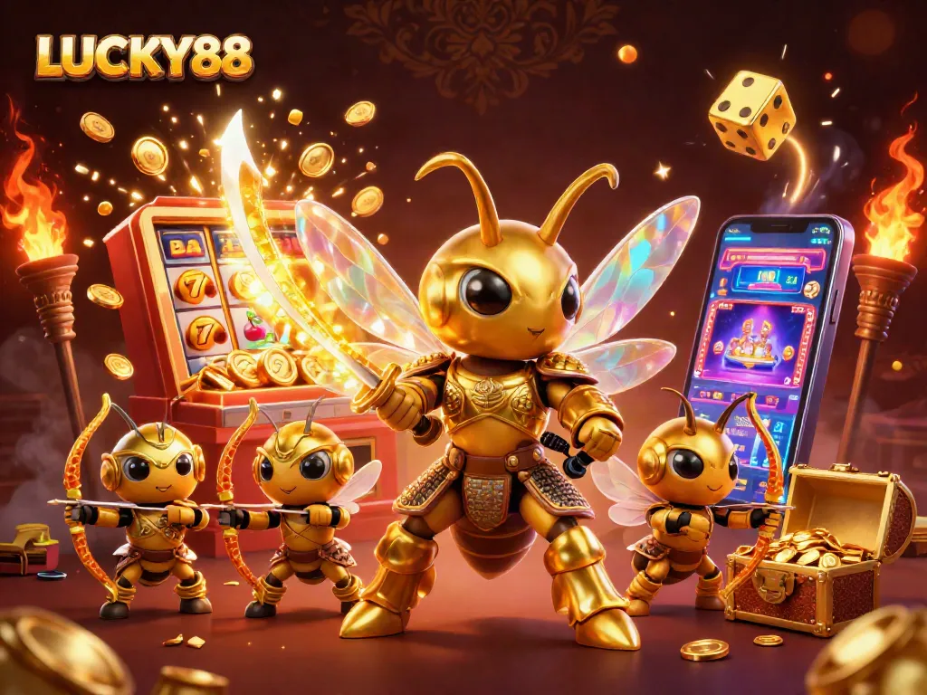 LUCKY88 slot machine scene featuring a golden hornet samurai and bee archers celebrating a jackpot.