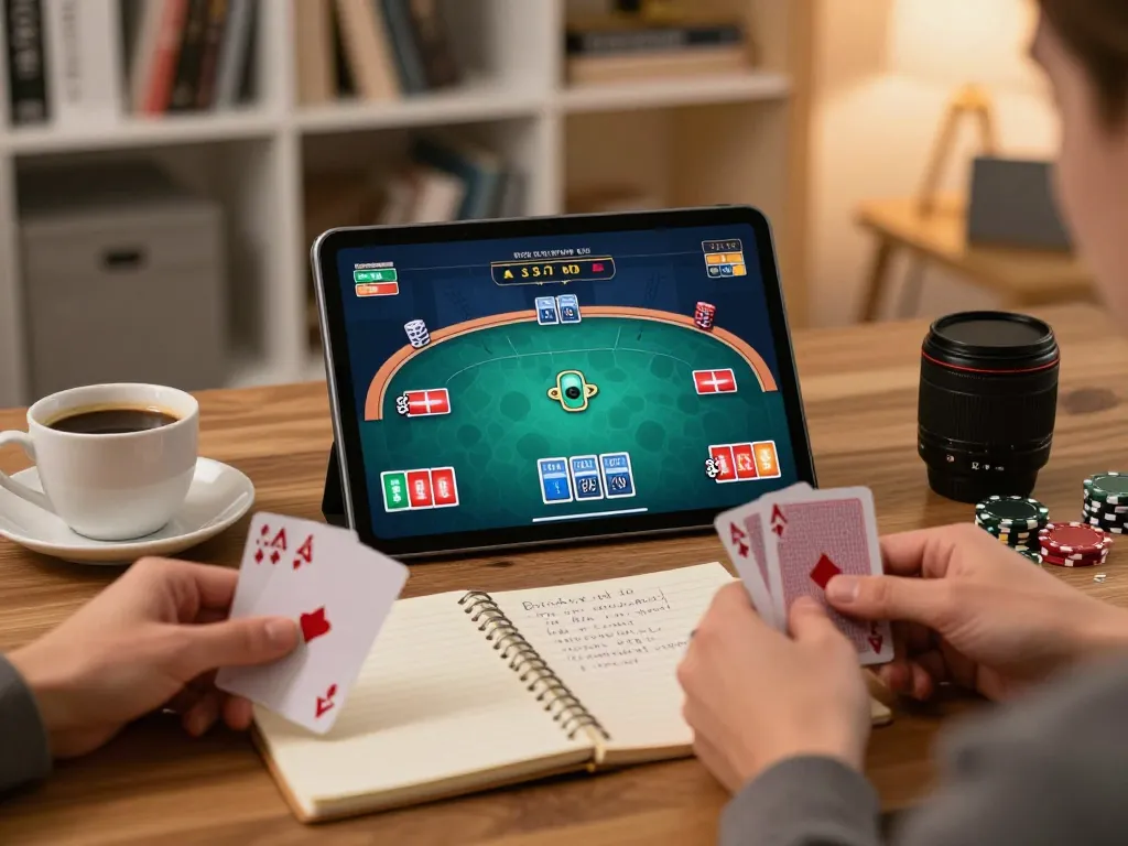 MB66 online poker gameplay on a tablet, highlighting strategic betting decisions in a cozy home setting.