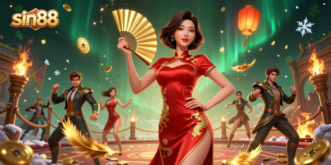 Get ready to win at sin88, featuring a confident Asian woman surrounded by gold coins and festive elements