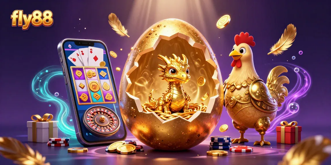 Experience fly88 gaming magic with a 3D golden dragon and poker chips amidst vibrant slots and coins.