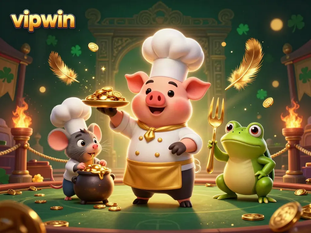 Engage in thrilling gameplay at vipwin with a vibrant 3D casino scene featuring gold coins and lively characters.