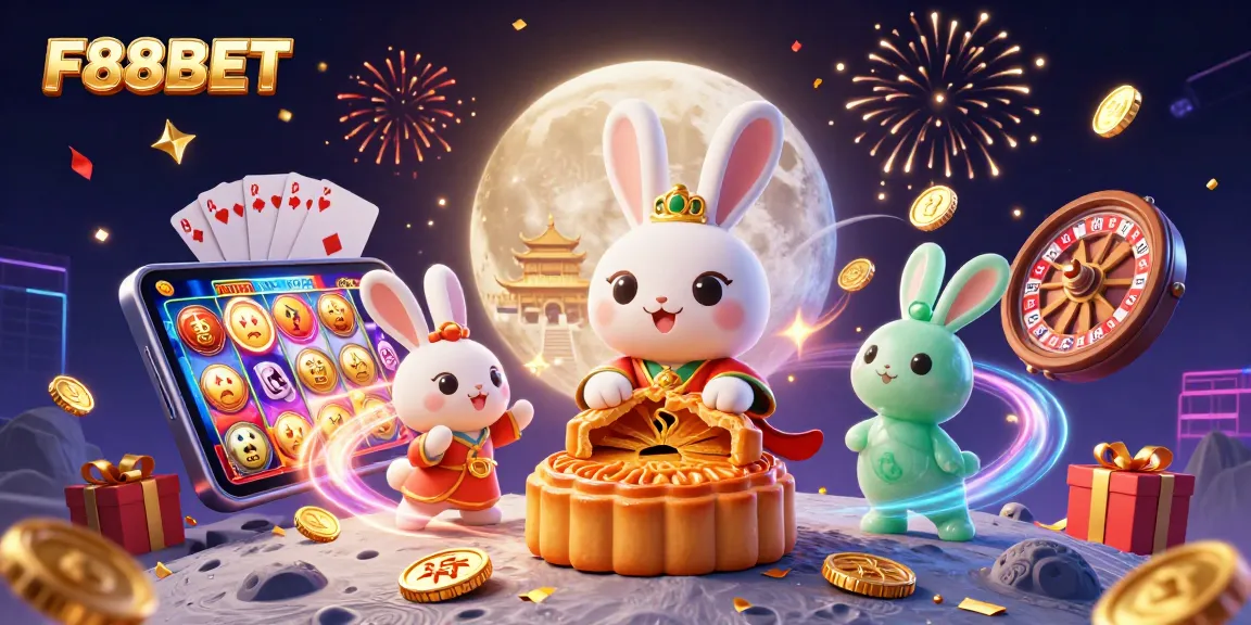 Engage with F88BET's thrilling gaming experience featuring a moon rabbit and vibrant casino elements.