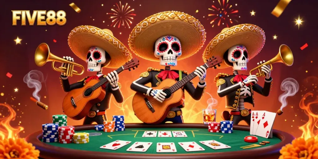 Engage with FIVE88 for an exciting casino experience featuring vibrant mariachi characters and poker elements.