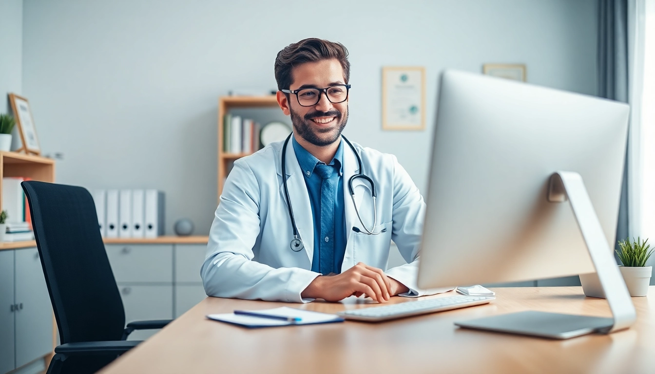 Engage in a fast telehealth consultation online with a friendly doctor in a modern office setting.