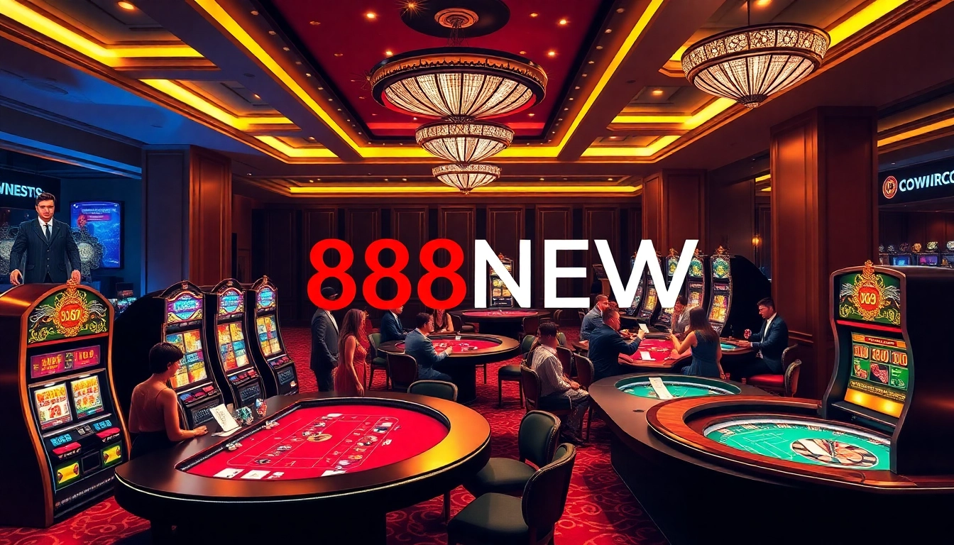 Players enjoying games at 888NEW casino, featuring vibrant slot machines and elegant tables.