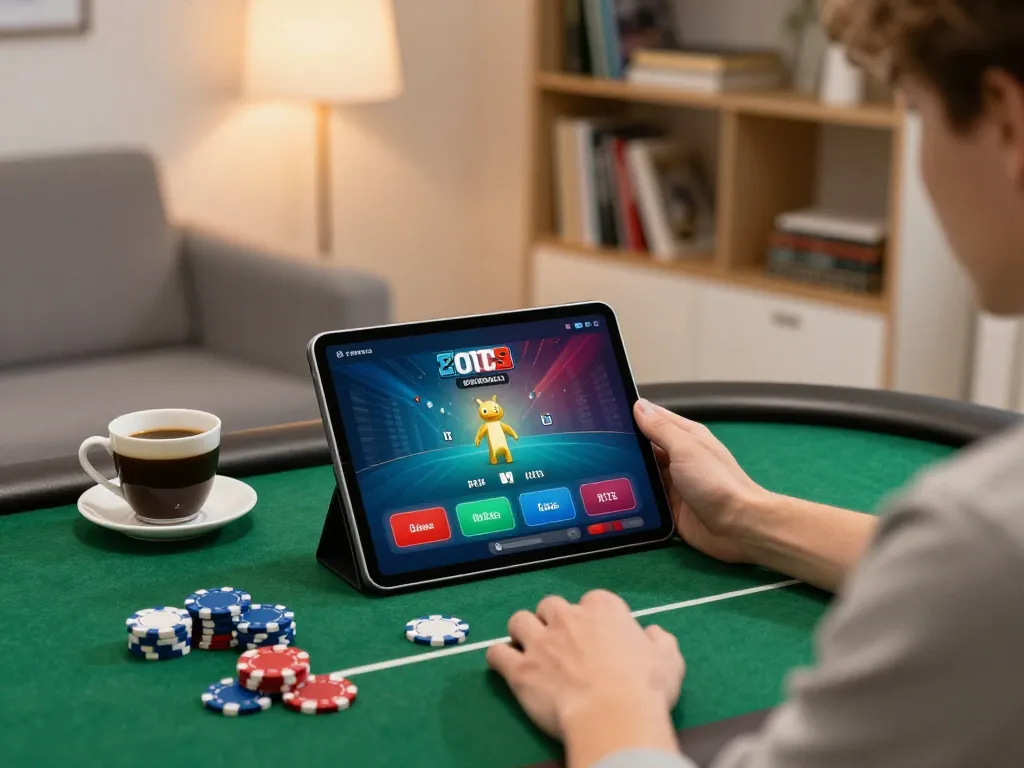 SV66 online poker player engaged in strategic gameplay with vibrant interface and relaxed home ambiance.