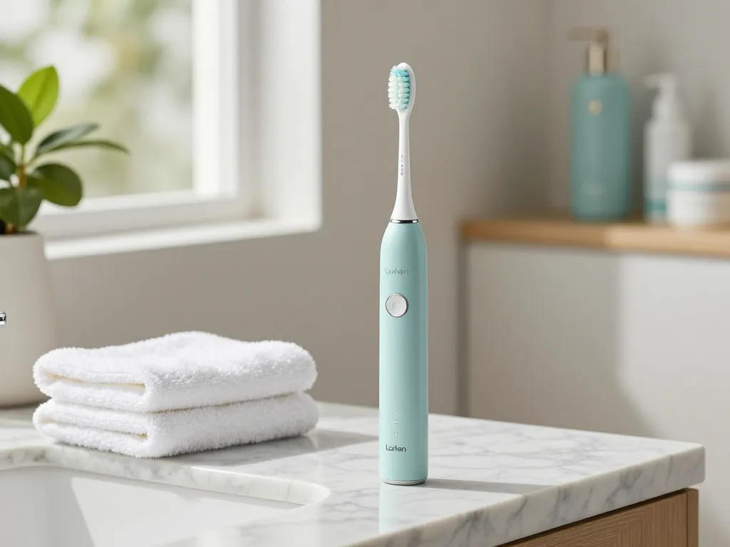 Laifen electric toothbrush elegantly displayed on a modern bathroom countertop with natural light, highlighting its design and features.