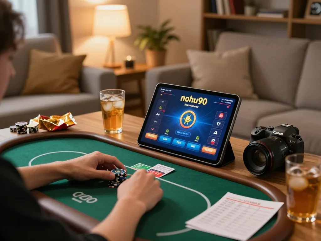 Engaged player strategizing nohu90 bets on tablet in cozy home setting.