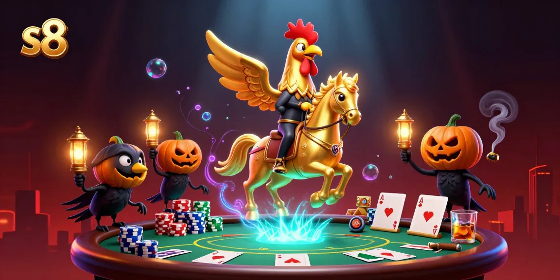Experience the lively action of s8 with a golden rooster and poker game elements in a vibrant casino scene.