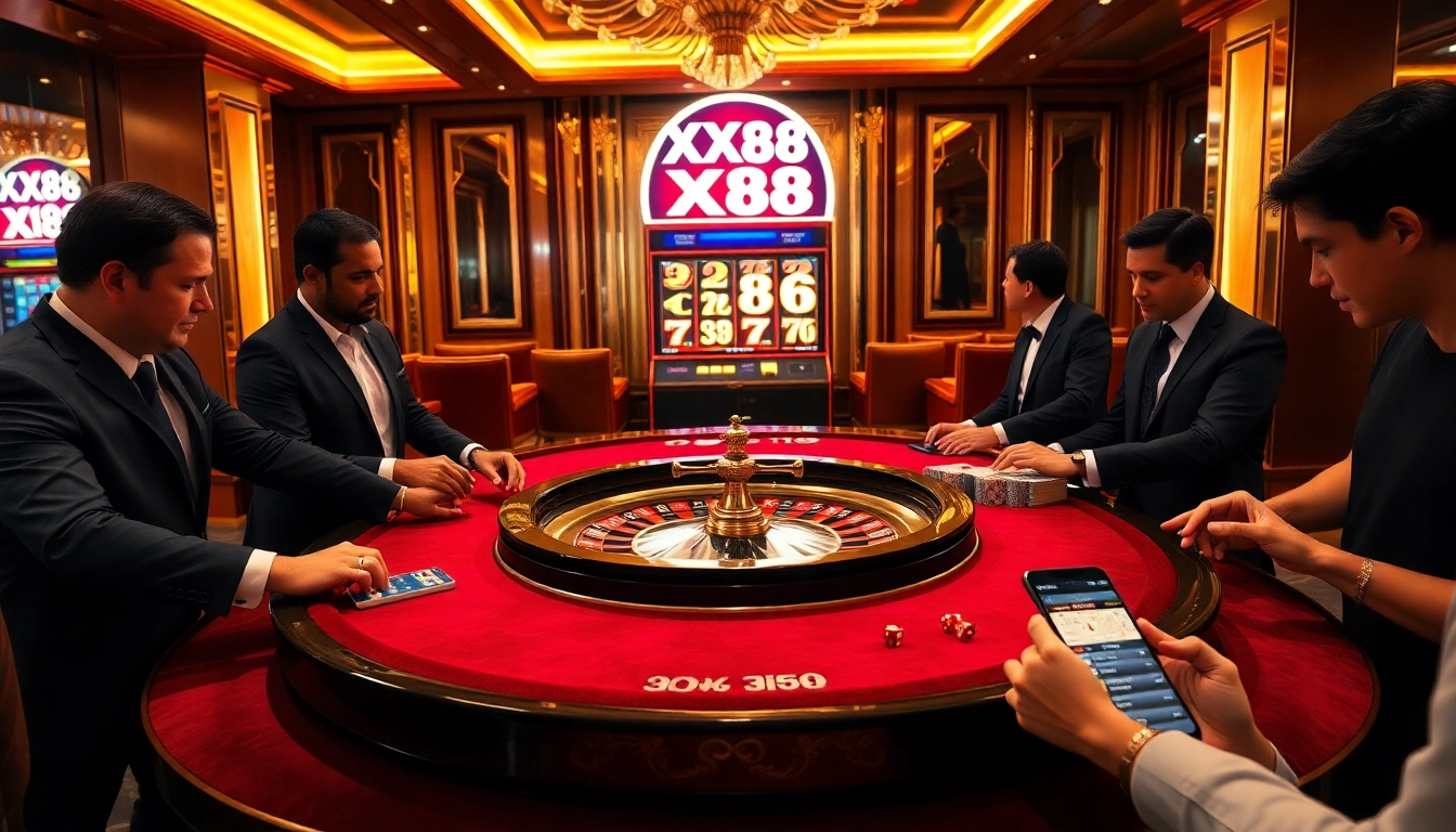 Players enjoying the thrill of gaming at the XX88 casino, featuring a vibrant roulette table.