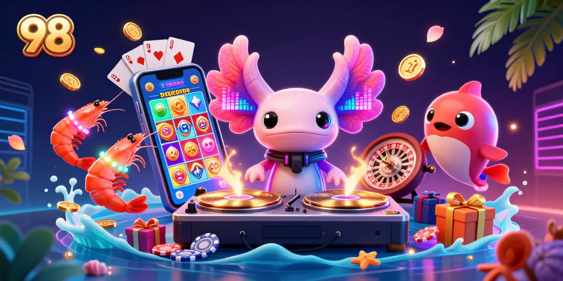 Engage with 98's vibrant gaming experience featuring a neon DJ, explosive slot games, and lively sea creatures.