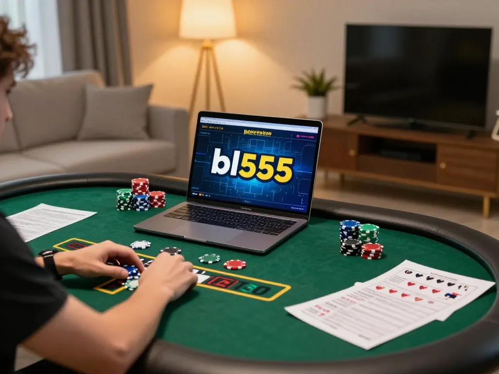 Player engaging in live casino gaming on laptop, showcasing bl555 online gambling experience.