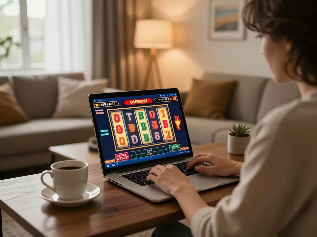 Engaging online slots gameplay with rr88 on laptop, cozy home setting, warm ambiance