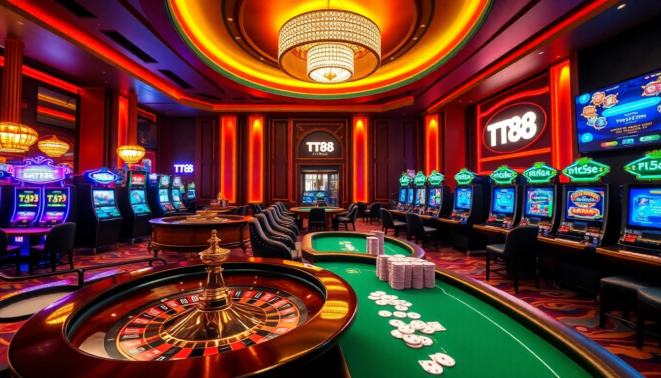 Experience TT88 thrill at a luxurious casino scene with vibrant lights and exciting games.
