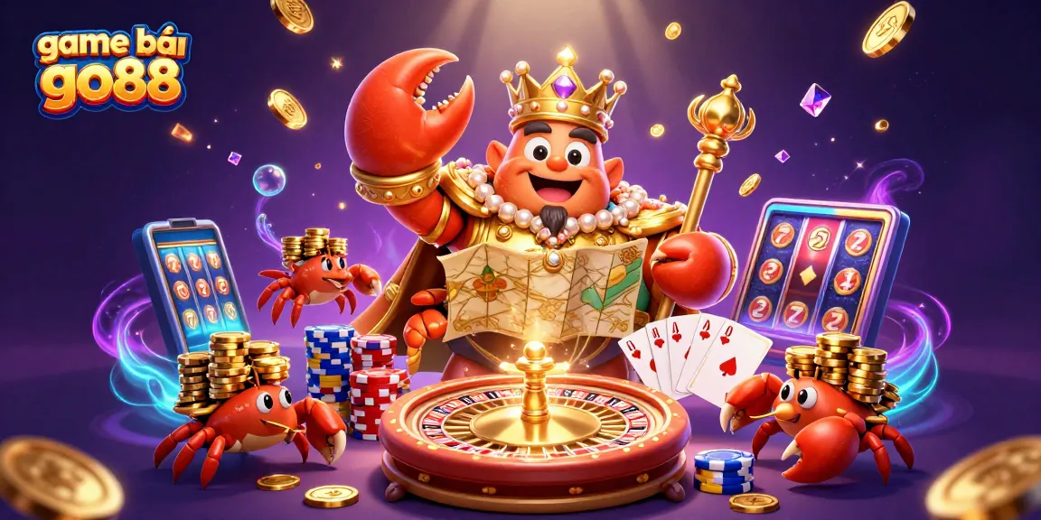 Engage with thrilling game bài go88 as golden crab emperor and elements of rich casino excitement come alive in a vibrant underwater scene.