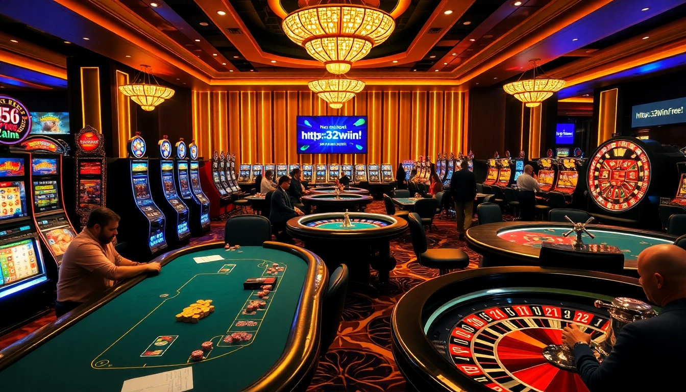 Exciting casino gameplay at https://32win.free/ showcasing poker tables and slot machines