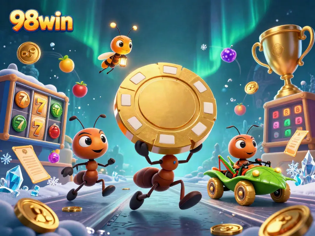 Engage with 98win as animated ants carry a giant poker chip, showcasing thrilling casino action.