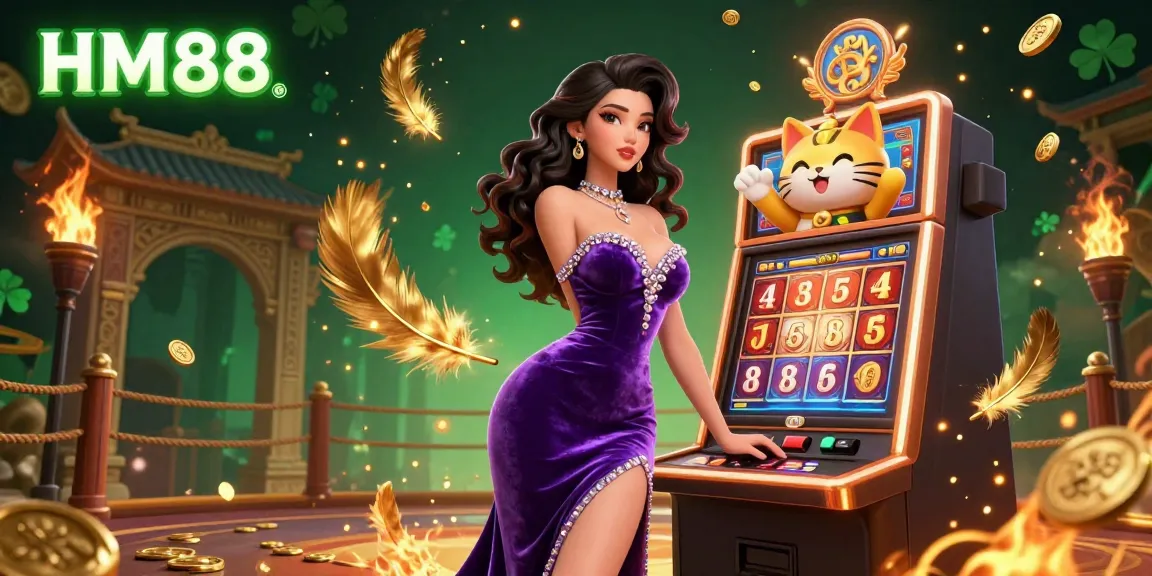 Spin and win at HM88 with a glamorous woman and a fortune cat amid a vibrant casino scene featuring jackpot symbols and gold coins.