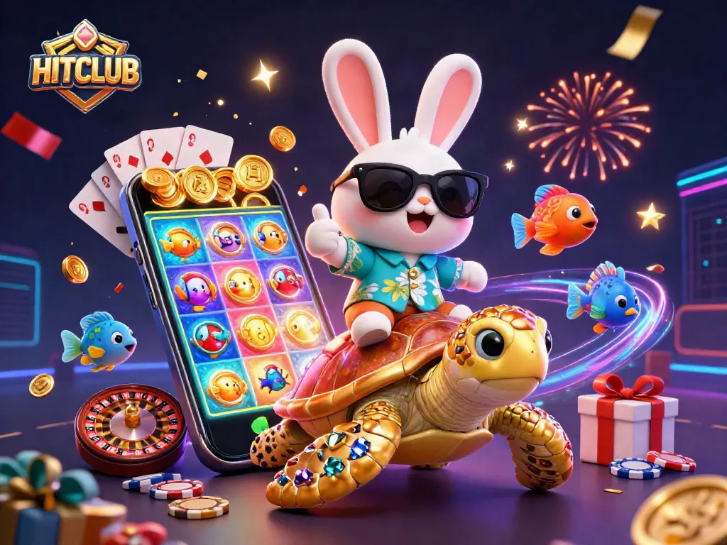 Engage with HITCLUB through thrilling casino adventures featuring a lucky rabbit and golden turtle.