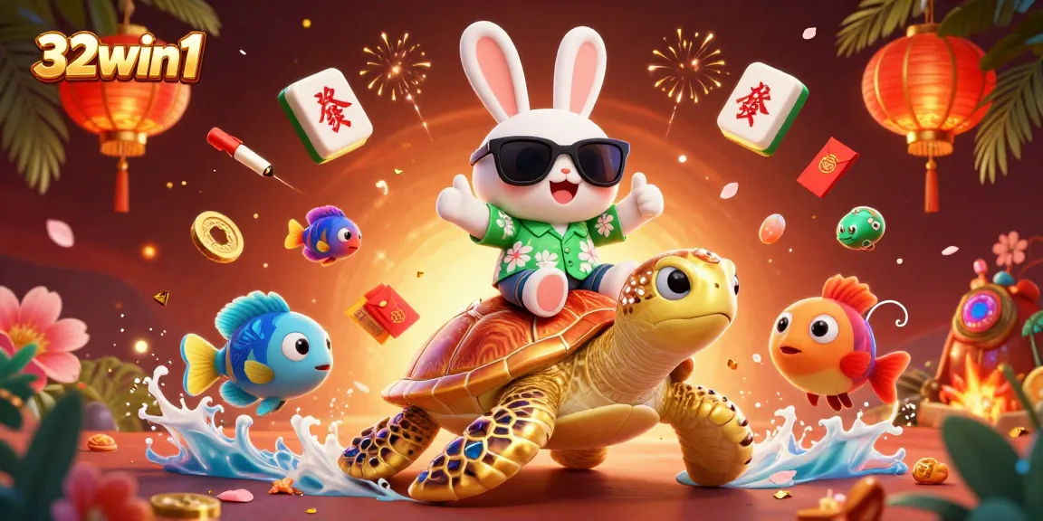 Experience thrilling wins at 32win1 with vibrant casino illustration featuring lucky rabbit and golden turtle.