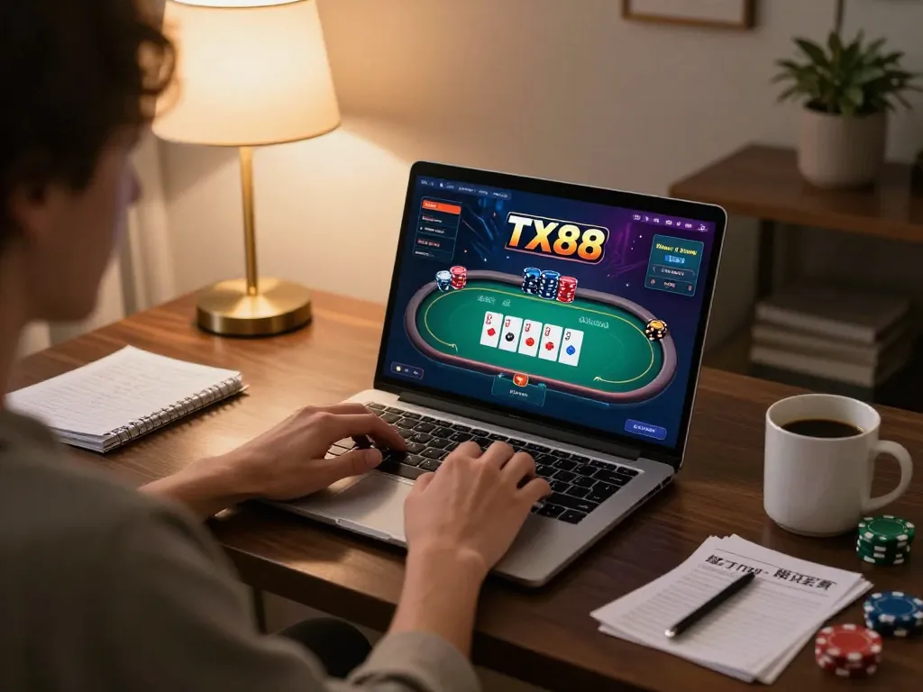 Engaging with TX88 online casino gambling on a laptop in a cozy home environment.