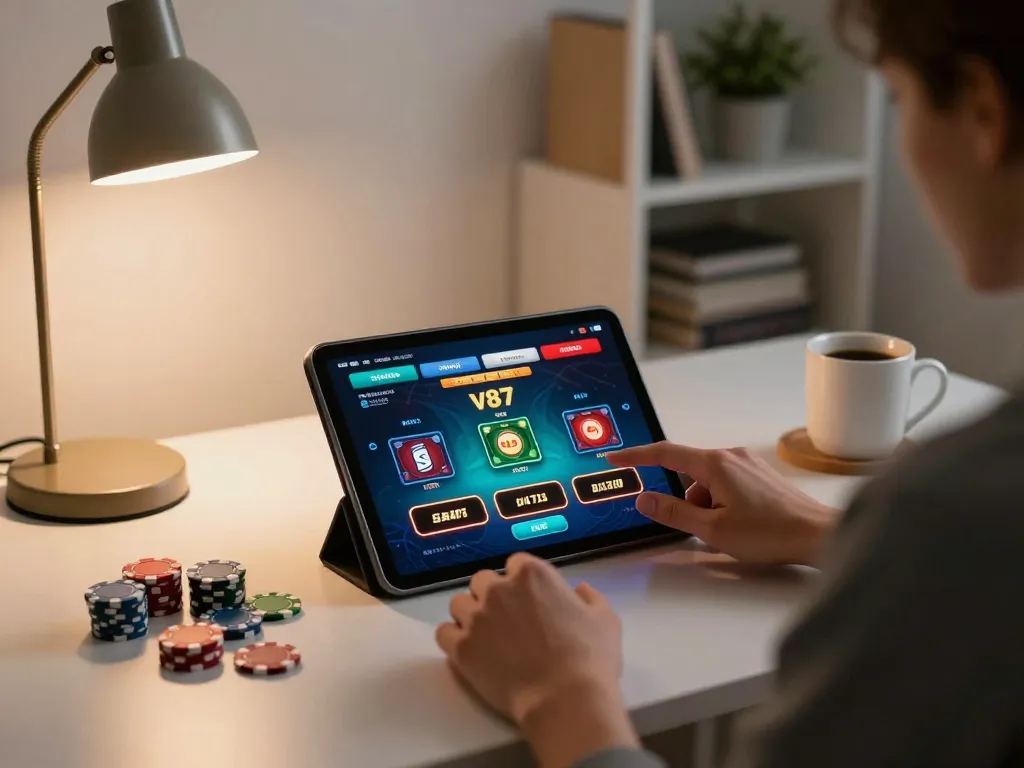 Pengalaman bermain kasino online v87 yang menarik dengan antarmuka tablet dan chip poker.