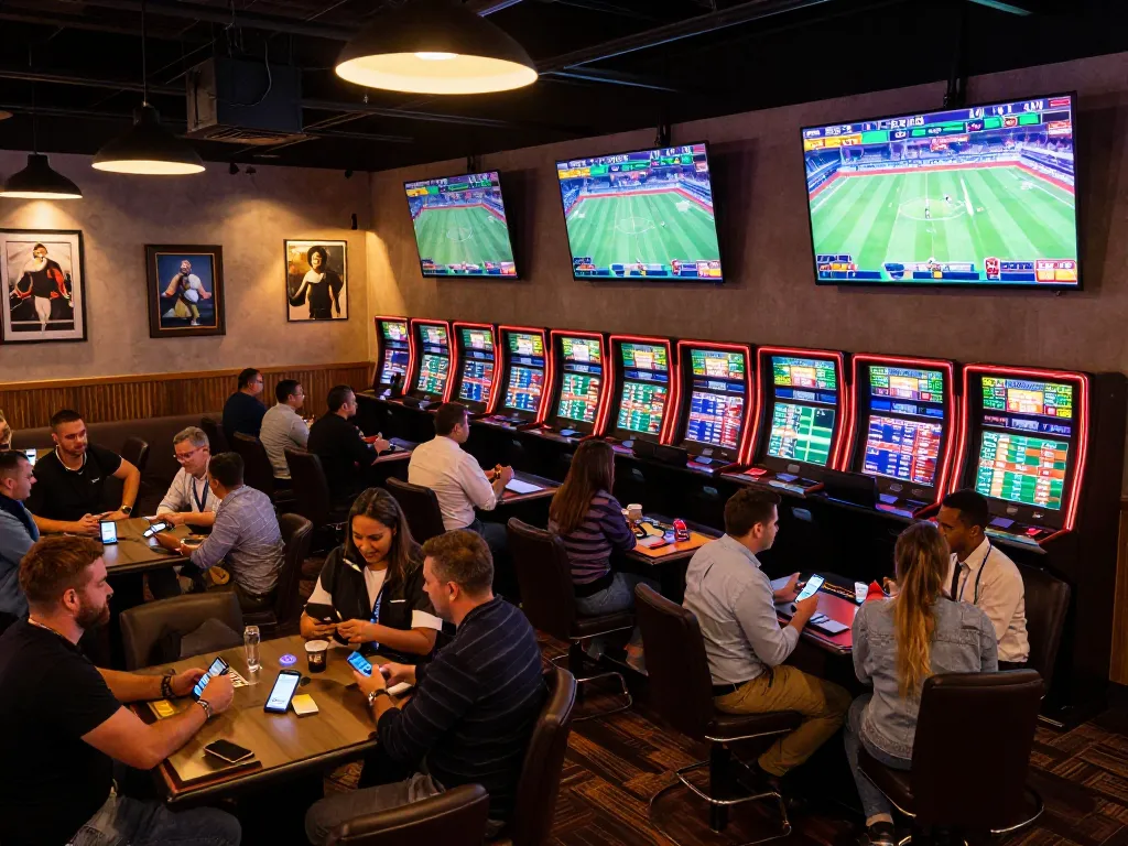 Kèo nhà cái hôm nay showcased as patrons engage in lively sports betting at a modern casino lounge