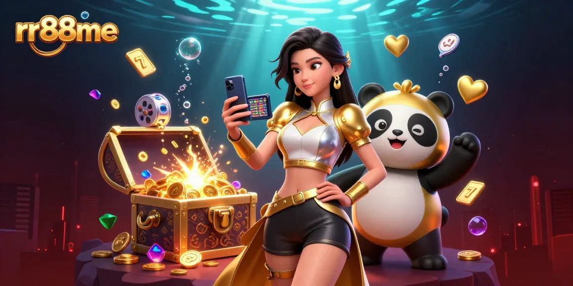 Join the action at rr88me, showcasing an Asian woman immersed in a vibrant casino game environment with golden treasures.