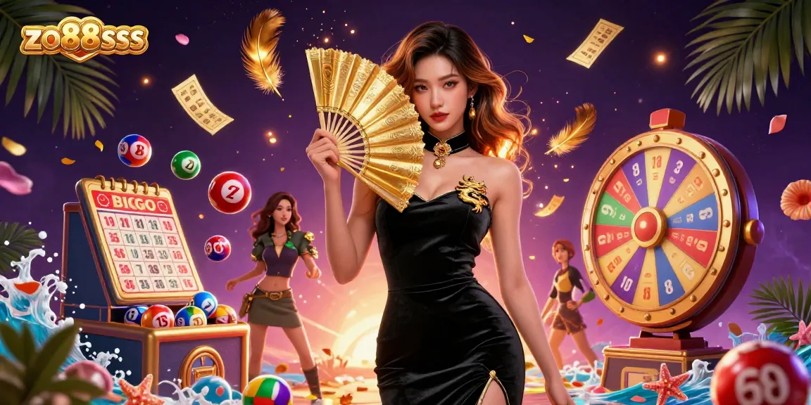 Engage with exciting wins at zo88sss, featuring a captivating Asian woman amidst vibrant lottery elements and a dynamic casino backdrop.