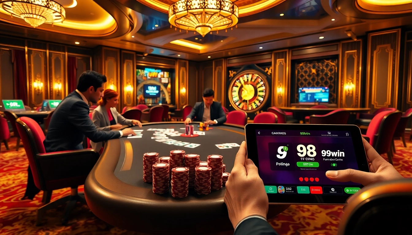 Experience the thrill of poker at 98win, featuring players, chips, and a roulette wheel in a luxurious casino setting.