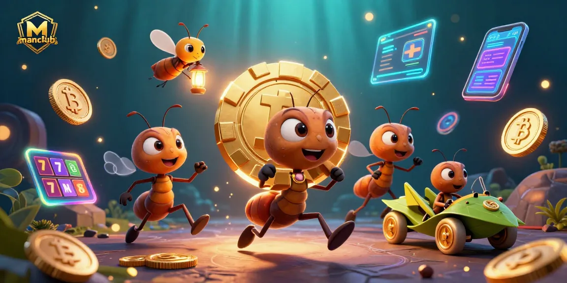 manclub showcases 3D cartoon ants executing a gambling heist with digital assets in a vibrant casino setting
