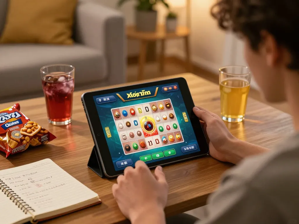 Xóc đĩa online gameplay on tablet with strategic planning notes in a cozy home setting.