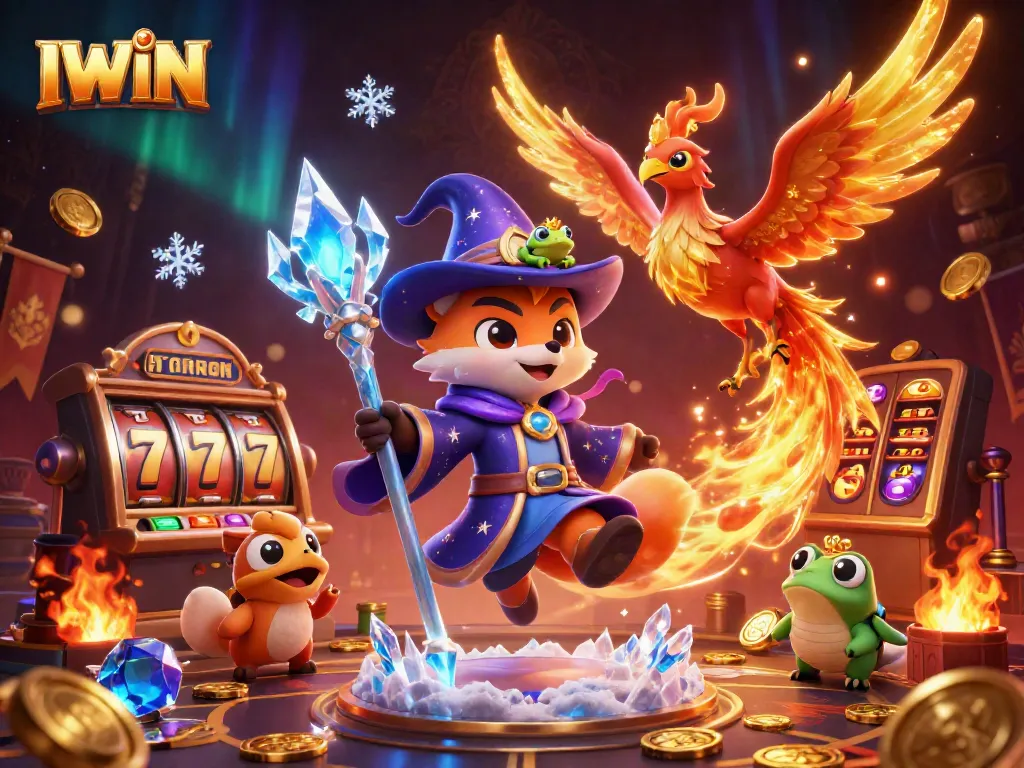 IWIN casino scene showcasing a mystical fox wizard, phoenix, and enchanted frog amidst vibrant gaming elements and gold.