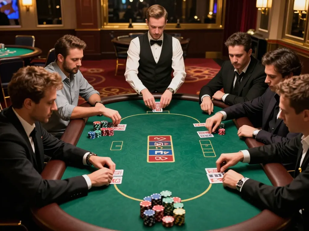 Players engaged in an intense poker game at an upscale casino table, showcasing 9BET action.