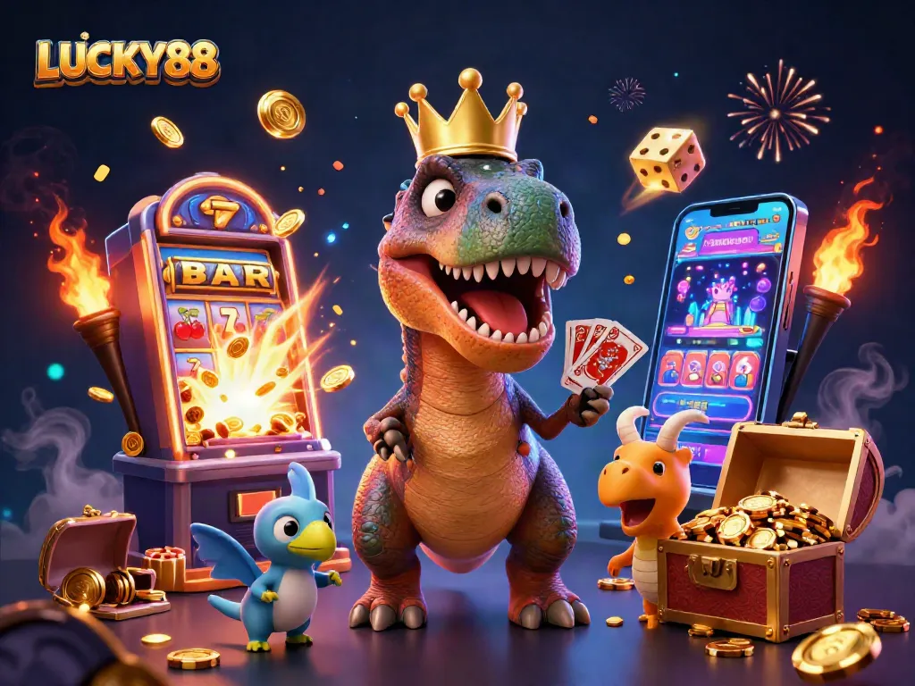 LUCKY88 slot-themed 3D illustration featuring a T-Rex, pterodactyl, and triceratops in a vibrant casino scene.