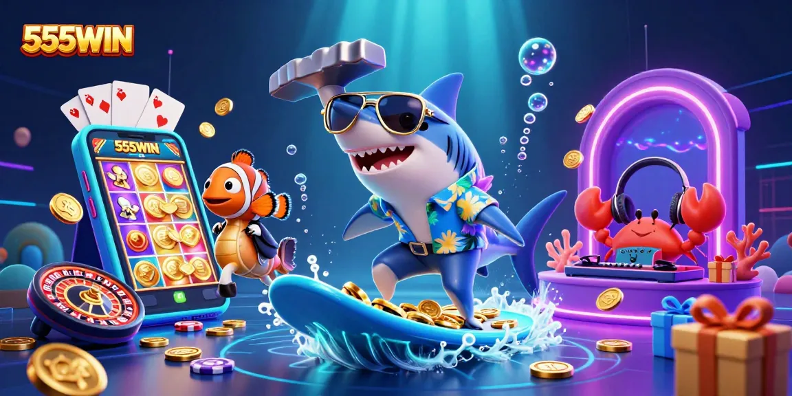 Engage with 555WIN's exciting casino action, showcasing vibrant underwater characters with dynamic gambling elements.