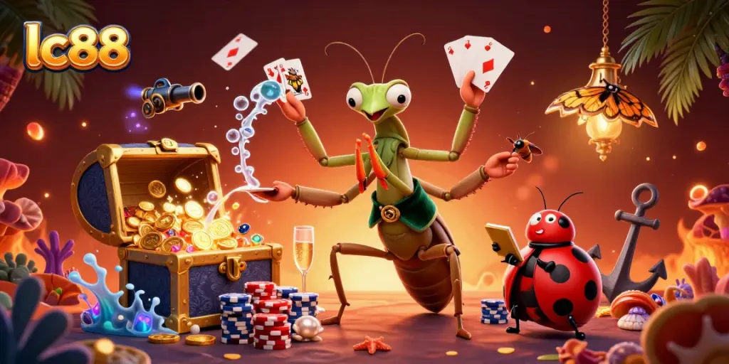 Engage with lc88 in an energetic casino scene filled with vibrant cards, chips, and treasures.