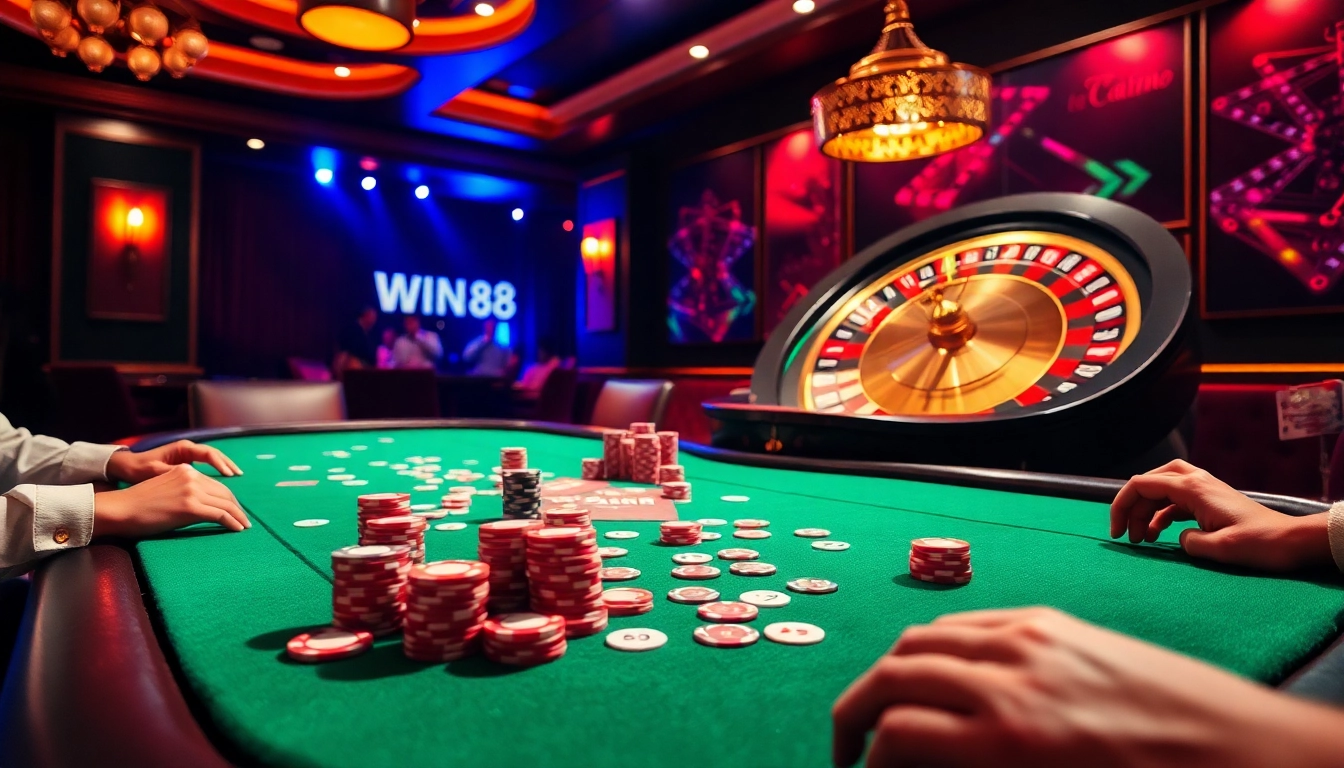WIN88 players celebrating a big win at a luxurious casino poker table with vibrant atmosphere.