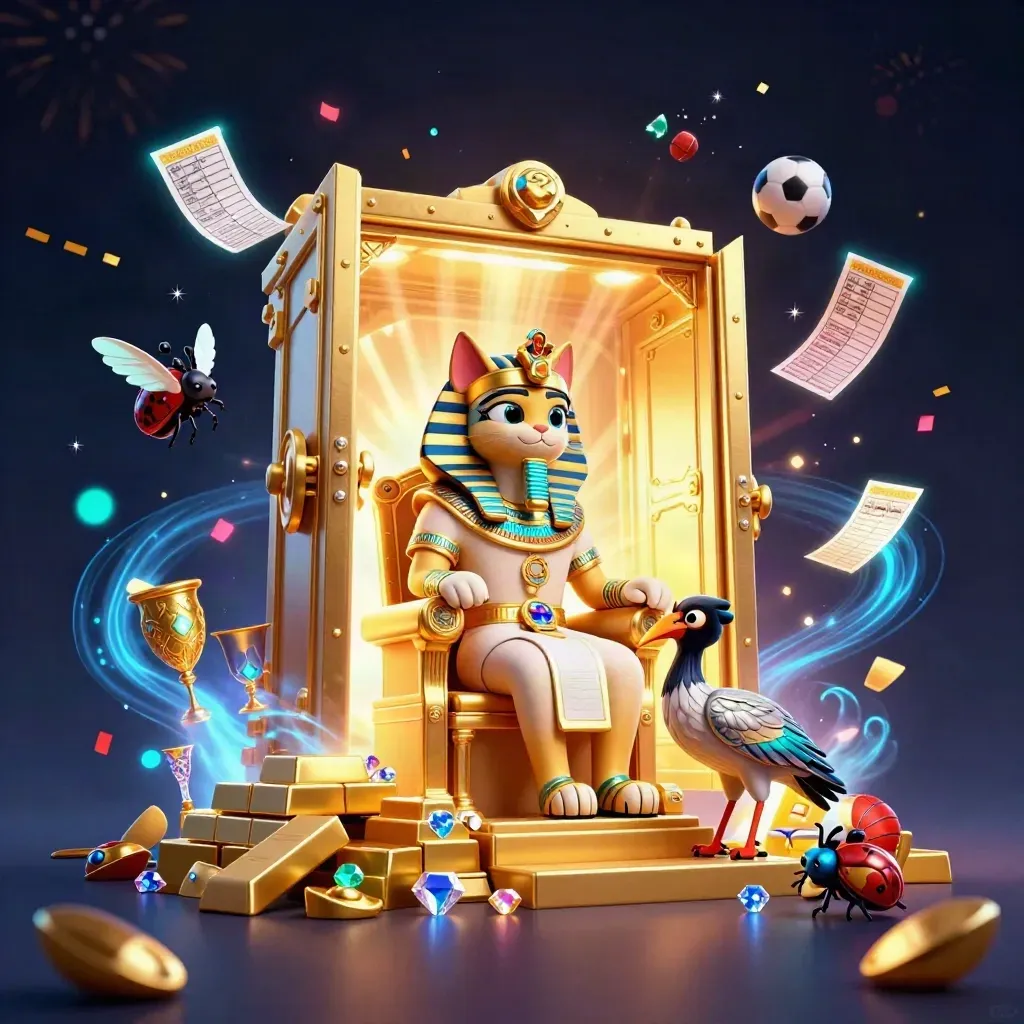 Pharaoh cat, ibis scribe and gem-winged scarabs amid a burst of gold and casino magic.
