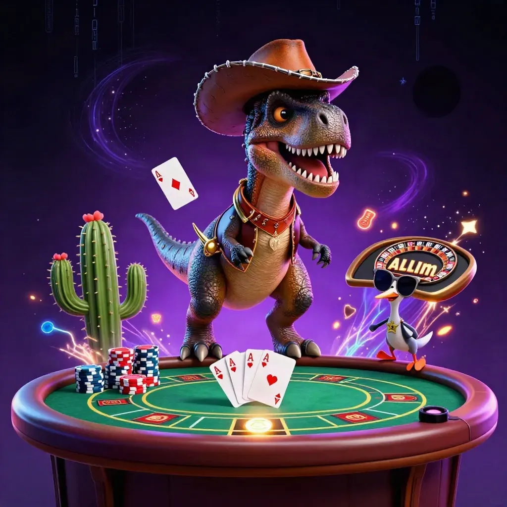Cowboy T-Rex, cactus sidekick and sheriff roadrunner in neon casino chaos