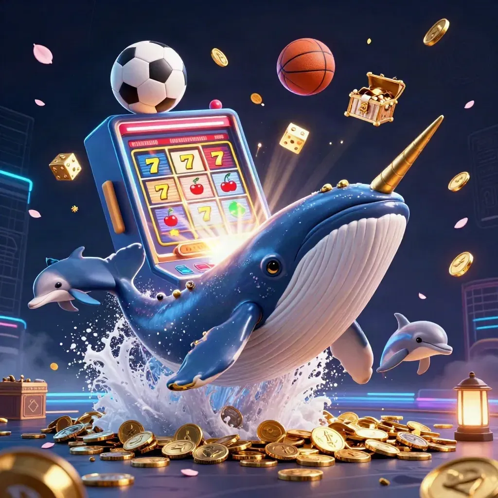 Neon whale captain, narwhal, dolphins, slot symbols and sports gear erupting in coin spray.