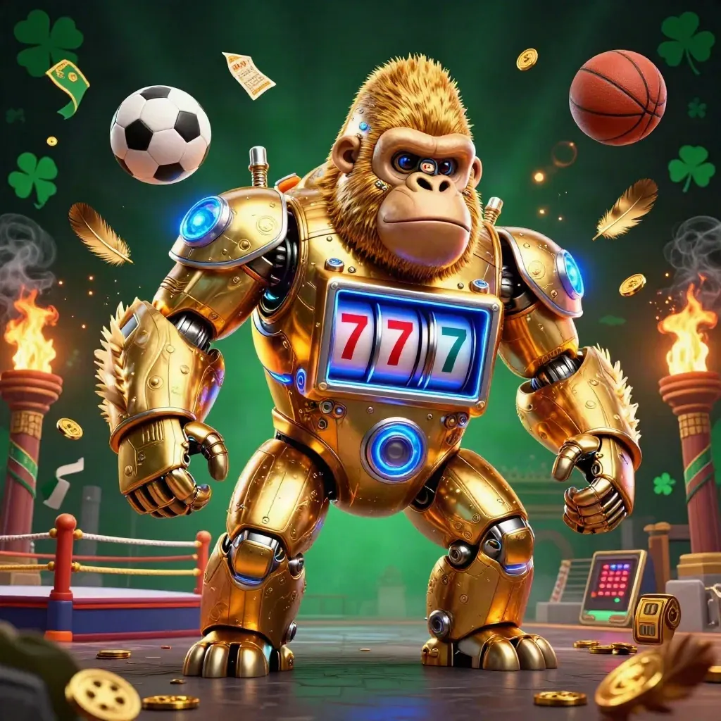 Golden gorilla mech, monkey pilot, flying sports balls, coins, and neon casino sparks