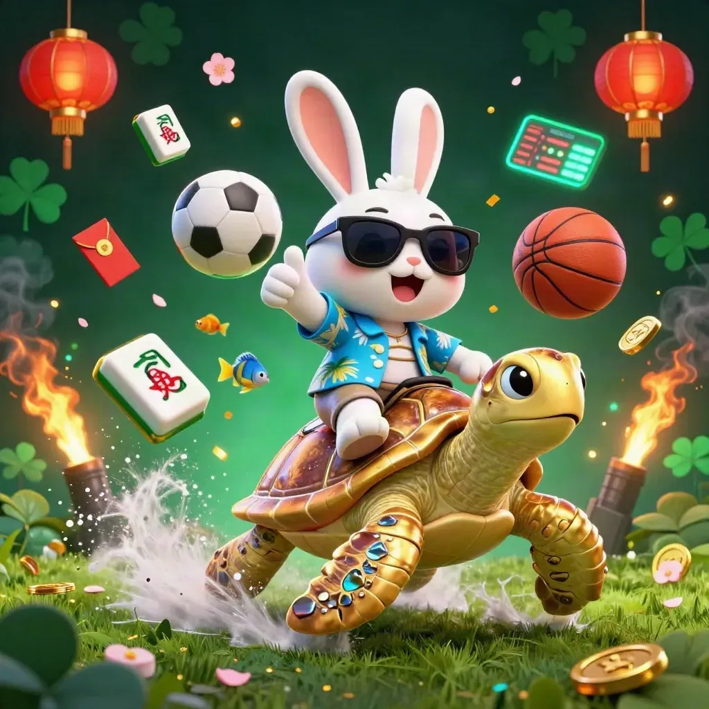 Lucky rabbit rides a golden turtle amid casino-themed sports balls, coins, lanterns, and dramatic light