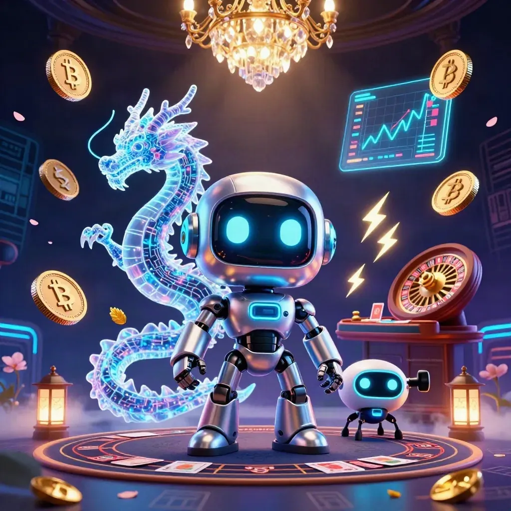 Cyberpunk robot, holo dragon and coin drone in a luxe neon casino room with roulette glow.