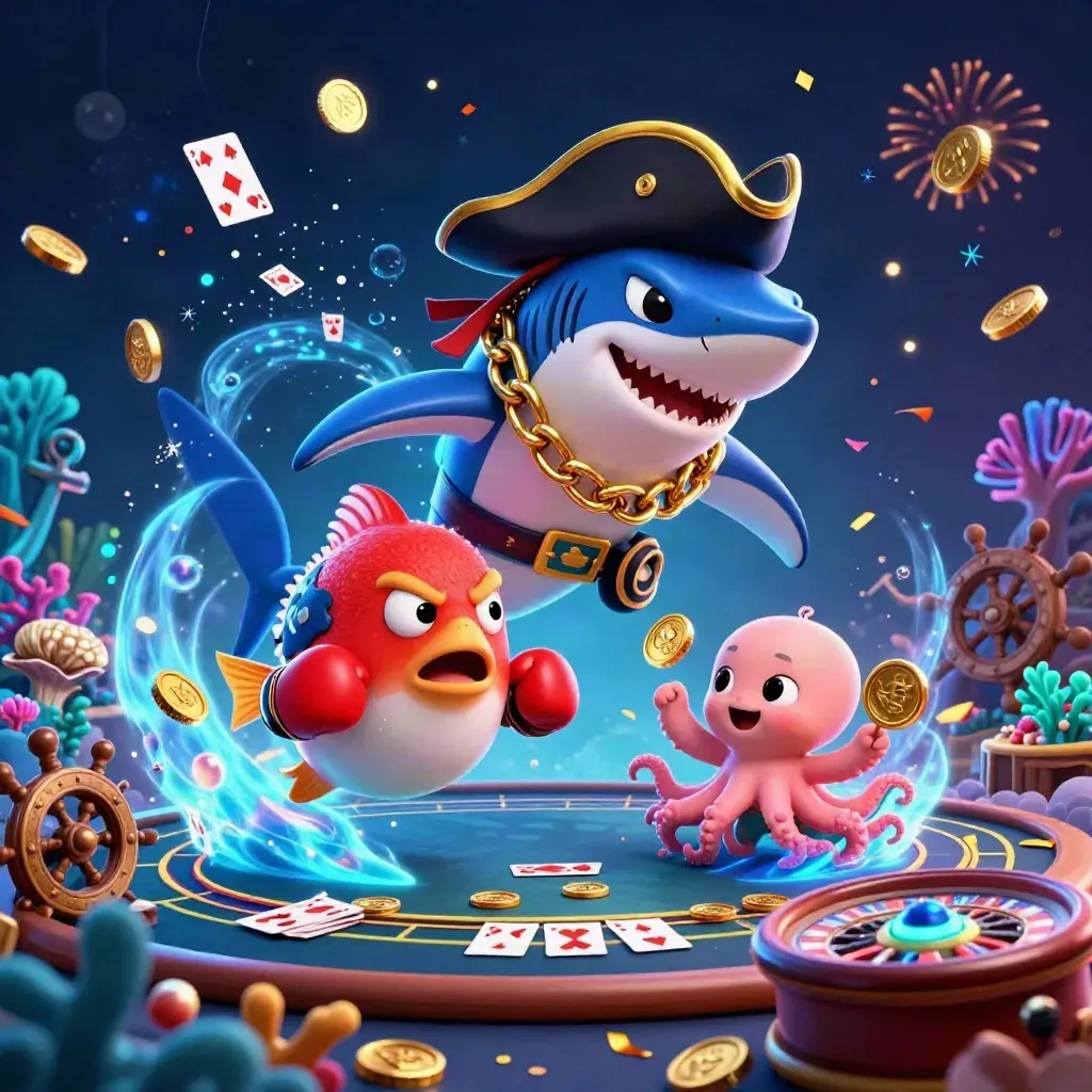 Pirate shark, boxing pufferfish and coin-juggling octopus in a neon treasure cove.
