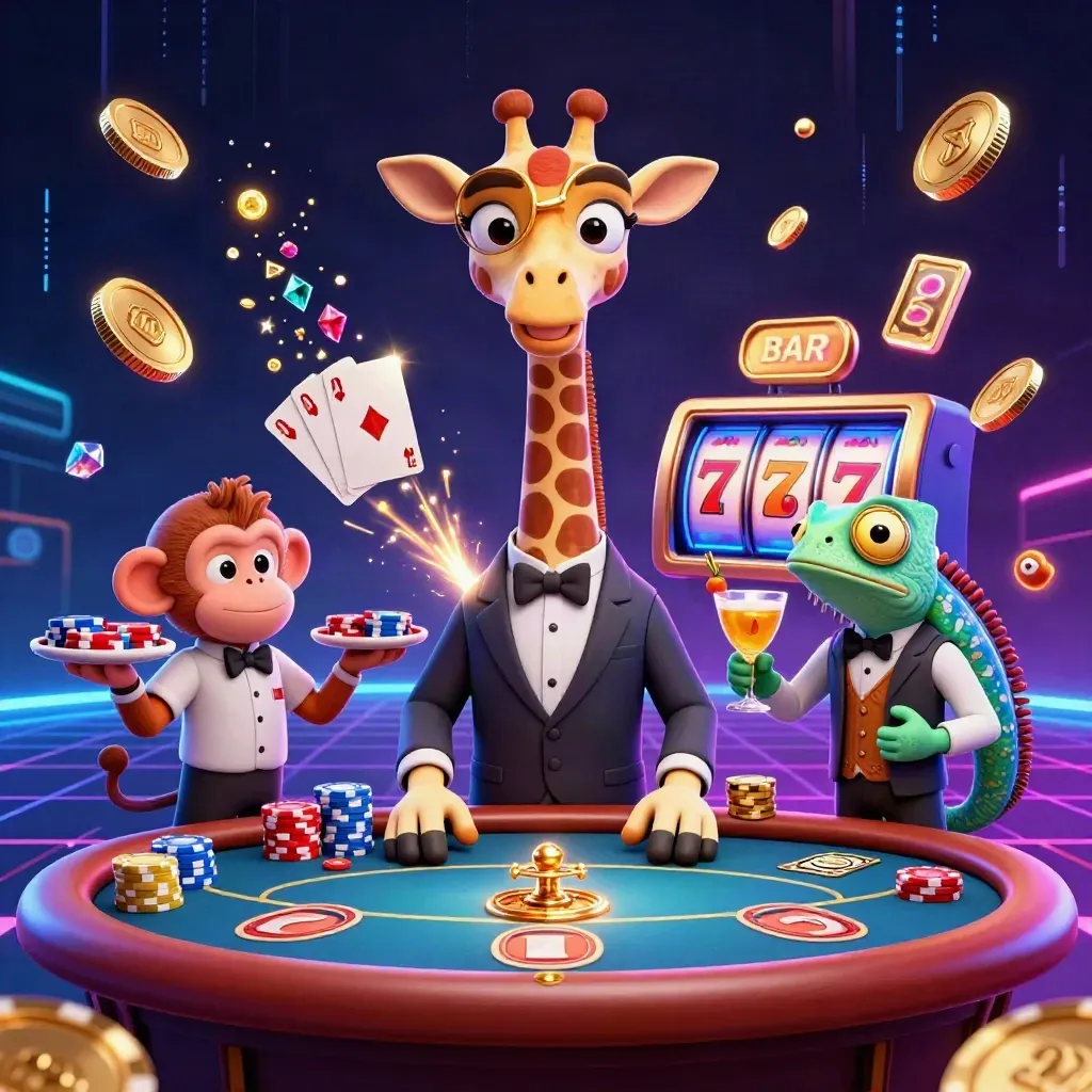 Giraffe high roller, monkey valet and chameleon bartender amid casino treasure bursts