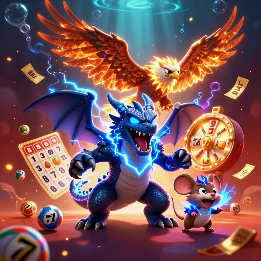 Three neon creatures burst through casino effects with cards, balls, and glowing blue lightning.